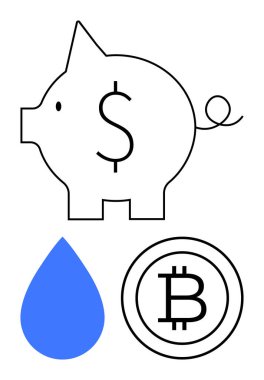 Tasarruf için dolar işareti, muhafaza için mavi su damlası ve dijital finans için Bitcoin sembolü olan domuz kumbarası. Tasarruf, yatırım, kripto para birimi, sürdürülebilirlik ve finansal için ideal