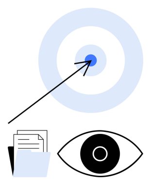 Arrow, mavi bir hedefi göz ve klasör dolusu belge ile vuruyor. Odaklanma, hedefler, strateji, vizyon, üretkenlik, veri, başarı için ideal. Basit bir iniş sayfası için harika.