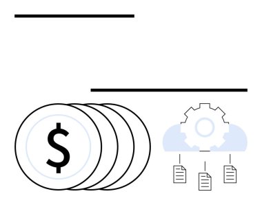 Mali durumu gösteren madeni paralar, bir dişli mekanizması ve bağlantılı belgeler ile birlikte otomasyon, maliyet yönetimi ve teknik entegrasyonu sembolize eder. Finans, otomasyon, bulut depolama, veri için ideal