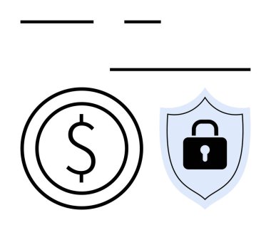 Dairesel çerçevenin içindeki dolar sembolü bir kalkanın üzerindeki kilitli asma kilidin yanında. Finans, güvenlik, bütçe, çevrimiçi koruma, güvenlik, bankacılık için ideal