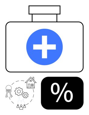 Haçlı mavi sağlık çantası, evin ikonları, anahtarlar, dişliler ve grup, yüzde işaretinin yanında. Sağlık, sigorta, mali planlama gayrimenkul faiz oranları takım çalışması için ideal