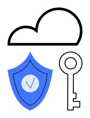 Bulut silueti, işaretli mavi kalkan ve dijital güvenlik, erişim ve güvenli depolamayı sembolize eden anahtar. Siber güvenlik, şifreleme, teknoloji, bulut hesaplama gizliliği için ideal