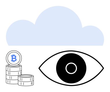 Üzerinde bulut grafiği, şifreli paralar ve bir göz sembolü var. Engelleme zinciri, kripto para birimi, güvenlik, gizlilik, teknoloji, fintech ve basit iniş sayfası için ideal