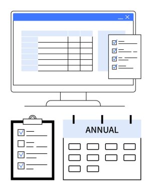 Bilgisayar monitörü bir hesap tablosu, kontrol listesi açılır penceresi, listeli bir pano ve yıllık takvim gösteriyor. Organizasyon, görev çizelgesi, verimlilik, planlama, iş akışını bildirmek için ideal