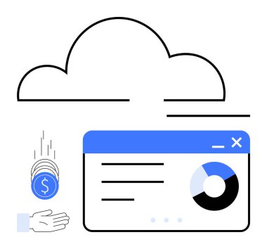 Bulut simgesi, kullanıcı eli bozuk para alımı, torpido gözünde mali veriler ve çizelge. Teknoloji, finans, bulut hizmetleri, veri görselleştirme, uygulama UI fintech basit iniş sayfası için ideal