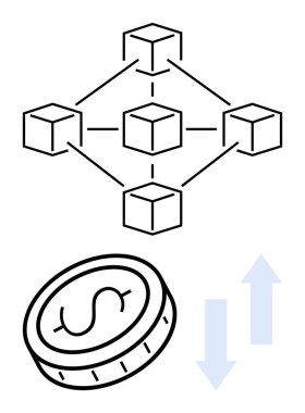 Ağ küpleri blok zinciri, para birimi paralarını dolar işareti ile temsil ediyor, yukarı ve aşağı oklar işlemleri simgeliyor. Fintech, kripto para birimi, ademi merkeziyet, dijital ekonomi ve veri için ideal