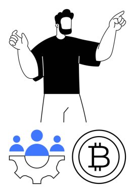 Ekip çalışmasının simgelerinin yanında kendine güvenen kişi vites ve Bitcoin para birimi. Kripto para, liderlik, takım çalışması, işbirliği, teknoloji, finans, iş büyümesi için ideal. Minimalist