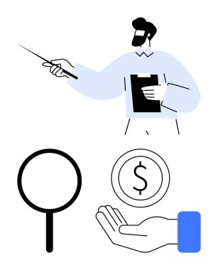 Bir pano, büyüteç, dolar işareti parası ve uzatılmış bir el tutarken sopayla işaret etmek profesyonelce. Finans, analiz, rehberlik, ekonomi ve sunum araştırmaları için ideal