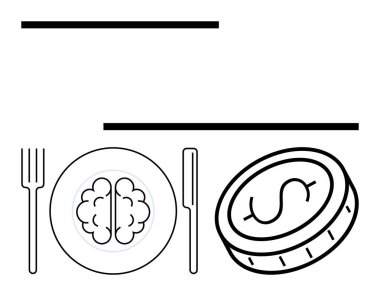 Çatal, bıçak, beyni olan tabak, dolar işareti olan para. Zekanın finansal değeri, yaratıcılığın monetizasyonu, karar verme mekanizması, zihinsel yatırım, kariyer büyüme yeniliği için ideal