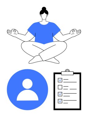 Meditasyon pozunda bacak bacak bacak üstüne atmış bir kadın. Tamamlanmış görevleri olan listeler. Kişisel bakım ve üretkenliği temsil eden kullanıcı simgesi. Farkındalık, kendini geliştirme, odaklanma, organizasyon ve günlük için ideal