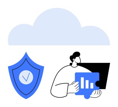 Kalkanın üstünde bir işaretli bulut, analiz yapbozunun parçasını monitörün yanında tutan kişi. Veri koruması, siber güvenlik, takım çalışması, bütünleşme, uyum, yenilik, basit iniş sayfası için ideal