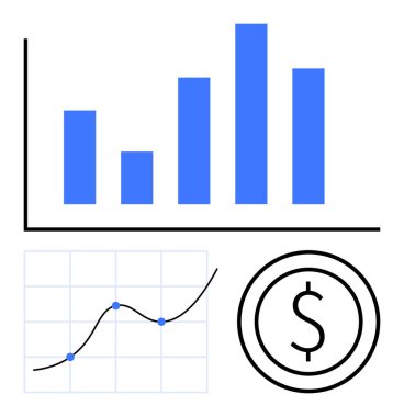Dört dikey çubuklu çizgi grafiği, büyüme eğilimini gösteren çizgi grafiği ve dolar simgesi. Finans, analitik, iş, yatırım, performans takibi için ideal, ekonomik büyüme sade iniş sayfası