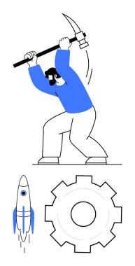 Kazma sallayan bir kişi, yeniliği sembolize eden bir roket ve endüstri için bir vites. Temalar için ideal başparmak sıkı çalışma, ilerleme, teknoloji, mühendislik, yaratıcılık, motivasyon basit iniş