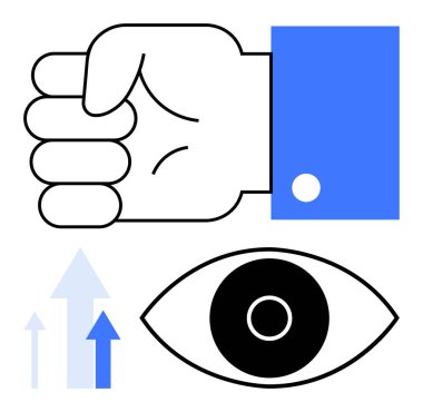 Kalın göz ve yukarı doğru çıkan okların yanında mavi kollu kapalı yumruklar itme, odaklanma ve gelişmeyi temsil ediyor. Liderlik için ideal motivasyon, vizyon, büyüme, strateji, eylem sade iniş sayfası