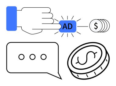 El tıklama düğmesi, bozuk paralar, konuşma balonu ve para birimi simgesi. Dijital pazarlama, çevrimiçi satış, iş stratejisi, iletişim, tıklama başına öde basit iniş sayfası için ideal