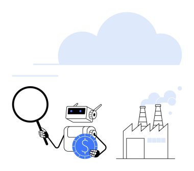 Robot, fabrika ve bulut yakınlarında büyüteç ve para tutuyor. Yapay zeka, otomasyon, analitik, endüstri, finans, yenilik, dijital dönüşüm için ideal. Düz basit metafor