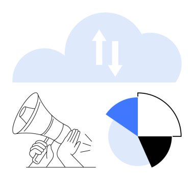 Elinde oklar, pasta grafiği ve megafon bulunan bulut işbirliğini, veri transferini, analitiği, pazarlamayı, uzaktan çalışmayı, iletişim teknolojisini ve takım çalışmasını sembolize ediyor. Modern konsept için ideal