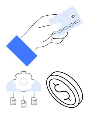 El ele tutuşan kredi kartı, içinde dosyalar ve bir dolar para olan bulutlar. Ödeme sistemleri, dijital işlemler, fintech, bulut depolama, mali yönetim, çevrimiçi alışveriş dairesi için ideal