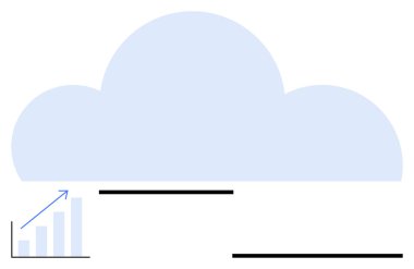 Merkezde açık mavi bulut, yukarı doğru büyümeyi sembolize eden ok çizelgesi. Teknoloji, veri depolama, analitik, yenilik, iş büyümesi, bilişim çözümleri, basit iniş sayfası için ideal