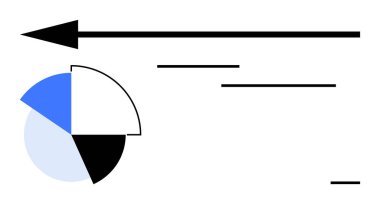 Bölümlü bölümler ve kalın mavi aksanlı pasta grafiği, ilerlemeyi ve veri akışını sembolize eden uzun bir ok ile eşleştirildi. Veri analizi, süreç, yön, strateji, büyüme, organizasyon için ideal