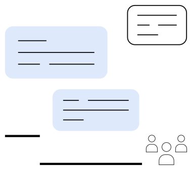 Metinli mavi ve beyaz sohbet baloncukları, küçük insan simgeleri ve görsel odaklanma çizgileri. Takım çalışması, tartışma, iletişim, işbirliği, mesajlaşma, ağ beyin fırtınası için ideal
