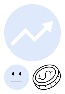 Yuvarlak içinde yukarı doğru ok, nötr ifade ve bir dolar para çizgisi. Finans, ekonomi, işletme büyümesi, yatırım, kâr, karar verme sade iniş sayfası için ideal