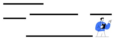 Adam pano tutuyor ve yapılandırılmış yatay çizgilerin yanında duruyor. Bu da organizasyon ve veriyi temsil ediyor. Takım çalışması, sunum, planlama, eğitim ve iletişim için ideal