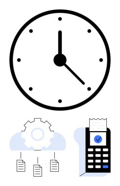 Zamanı temsil eden saat, belgeli bulut veri işleme ekipmanı ve güvenli ödemeler için bir makbuz makinesi. Üretkenlik, otomasyon, verimlilik, fintech, planlama, iş akışı için ideal