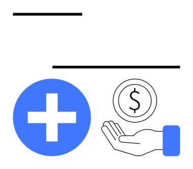 Mavi tıbbi haç, bir dolar tutan el. Sağlık, sigorta, finans, hayır, bağış, ekonomi sağlık hizmetleri için idealdir. Basit bir iniş sayfası için sembolik tasarım
