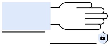 Kalkanın yanında asma kilidi olan koruyucu bir jest ile uzanmış el mahremiyeti, güveni, güvenli erişimi, güvenli iletişimi, güvenliği, korumayı sembolize ediyor. Gizlilik ve siber güvenlik için ideal.