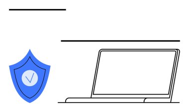Dizüstü bilgisayarın yanında işaretli mavi kalkan simgesi. Siber güvenlik, veri koruması, gizlilik, güven, çevrimiçi güvenlik, güvenli tarama ve basit iniş sayfasını vurgular