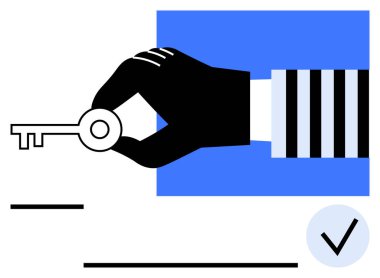 Siyah el, mavi arka planda anahtar tutuyor. Köşede işaret var. Güvenlik, erişim, başarı, onay, olasılık, potansiyel iş fırsatları için ideal. Modern düz basit metafor