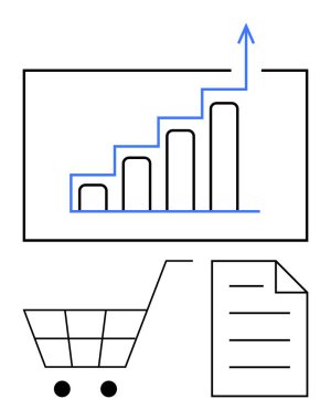 Yükselen ok, alışveriş arabası ve e-ticaret başarısını, iş büyümesini, finansal analizi gösteren belge içeren bar tablosu. Pazarlama, satış, perakende satış, strateji girişimciliği için ideal