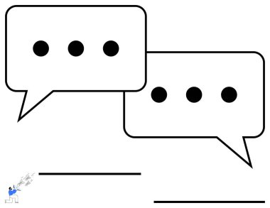Devam eden diyalog, iletişim ya da mesajlaşmayı sembolize eden elipsli iki konuşma balonu. Megafonlu küçük bir figür, yayın ya da topluluk önünde konuşma anlamına gelir. Sohbet ve mesajlaşma için ideal