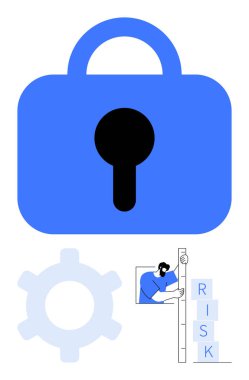 Mavi kilit ve teçhizat güvenlik sistemlerini sembolize ediyor. Risk engellerini, güvenliği, gizliliği, stratejiyi, analitiği, siber güvenliği, problem çözmeyi değerlendirir. Modern web siteleri verileri için ideal