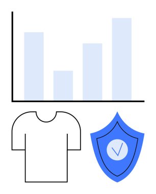 Bar tablosu veri eğilimleri, giysi öğesi ana hatları, korunmayı sembolize eden işaretli kalkan simgesi. Veri, moda, güvenlik, güvence, analitik ve izleme için ideal