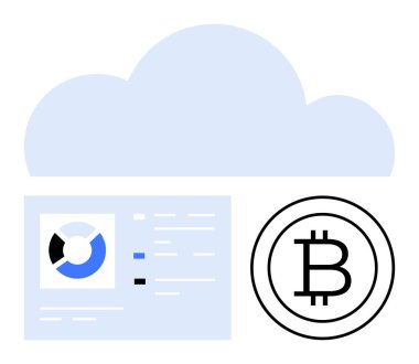 Analitik gösterge paneli ve Bitcoin işaretinin üzerinde bulutlar uçuşuyor. Kripto para deposu ve analizi gösteriyor. Fintech, engelleme zinciri, kripto para birimi, bulut hesaplama, veri analizi, teknoloji için ideal