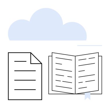 Kağıtların üzerinde bulutlar uçuşuyor ve kitap ayracıyla açık bir kitap. Bulut depolama, okuma, eğitim, eğitim, dosya yönetimi, dijital kütüphane ve bilgi için ideal. Düz basit metafor