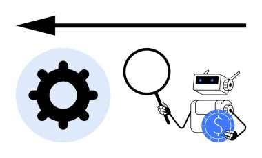 Robot elinde büyüteç, para ve teçhizat sembollerini inceliyor, büyük ok hareketi gösteriyor. Otomasyon için ideal, Al, finans, analiz, optimizasyon, yenilik süreci düz