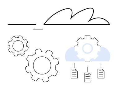 Otomasyonu sembolize eden dişliler, veri depolama için bir bulut ve bilgi paylaşımını temsil eden dosyalar. Teknoloji, bulut hesaplama, veri yönetimi, dijital iş akışı, dosya depolama, otomasyon için ideal
