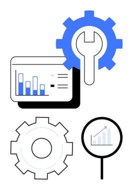 Dijital ekranda çubuk çizelgesi, yukarı grafikli büyüteç, dişliler araçları sembolize ediyor ve optimizasyonu simgeliyor. Analiz, ilerleme, büyüme, teknoloji, veri yönetimi için ideal, strateji sade iniş