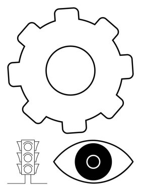 İşlevselliği temsil eden dişli, trafik ışığı kontrolü ve gözlem ve odaklanmayı belirten göz. Strateji, iş akışı, otomasyon, güvenlik, vizyon, analitik basit iniş sayfası için ideal