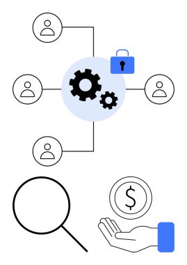 Bağlı düğümlü takım yapısı, dişli mekanizması, güvenlik kilidi, analiz için büyüteç, ve finans için para. Takım çalışması, güvenlik, işbirliği ve yenilik verileri için ideal