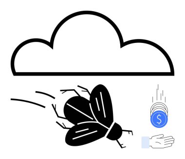 Kara böcek bulutun yanında uçuyor, madeni paralar bir elin içine düşüyor. Doğa, çevre, ekonomi, sürdürülebilirlik, finans, tarım ve basit bir iniş sayfası için ideal