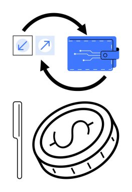 Devre desenli dijital cüzdan, para, işlem için düğmeler ve transfer mantığını gösteren oklar. Finans, teknoloji, kripto para birimi, e-ticaret, fintech bankacılık cüzdanı için ideal