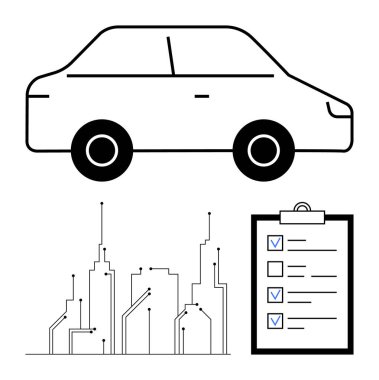 Basit araba tasarımı belediye binaları ve bir kontrol listesi ile eşleştirildi. Taşımacılık, kentsel planlama, sürdürülebilirlik, yenilik, lojistik, hareketlilik, otomotiv eğilimleri. Basit bir iniş sayfası için ideal