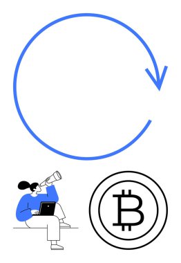 Mavi ok bisiklet veya tekrarı öneriyor, kadın teleskop ve dizüstü bilgisayarla araştırıyor, Bitcoin kripto para ve finans birimini temsil ediyor. Engelzinciri, araştırma, yatırım, vizyon, büyüme, gelecek için ideal