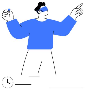 VR kulaklık takan bir adam el hareketleriyle çevreyle etkileşime giriyor. Oyun, simülasyon, teknoloji, yaratıcılık, gelecekteki yenilik, sanal çevre ve deneyimler için idealdir. Düz