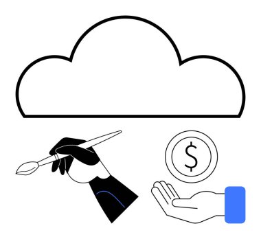 Bozuk paranın üzerinde bulut, fırçalı robot el. Yenilik, yaratıcılık, finans, teknoloji, sanat, dijital araçlar için ideal, basit iniş sayfası