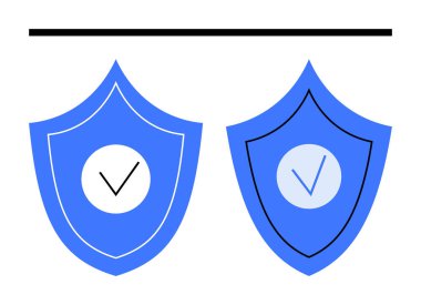 Merkezi işaretli iki mavi kalkan güvenlik, güvence ve güveni simgeliyor. Siber güvenlik, koruma, güvenilirlik, hizmet garantisi, mahremiyet, veri doğrulama için ideal basit iniş sayfası